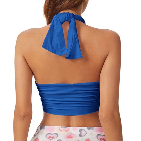 Blue Halter Criss Cross Self Tie Crop Top